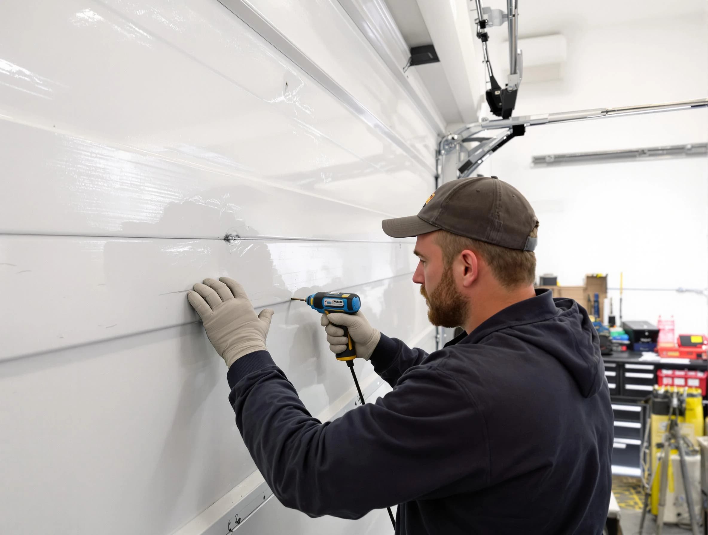 West Jordan Garage Door Repair technician demonstrating precision dent removal techniques on a West Jordan garage door